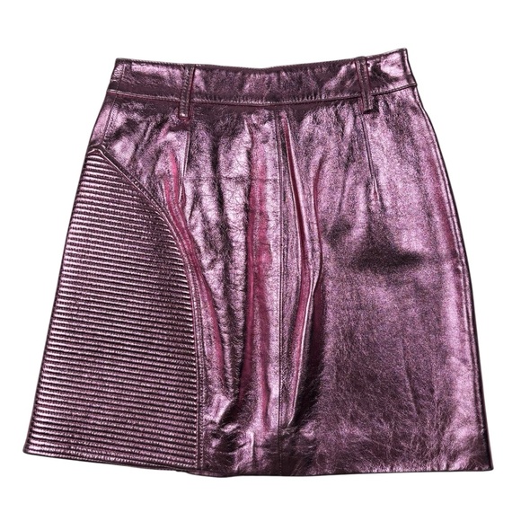 JUST CAVALLI METALLIC PINK LEATHER RIBBED HIGH WAIST MINI MOTO SKIRT - Picture 3 of 15